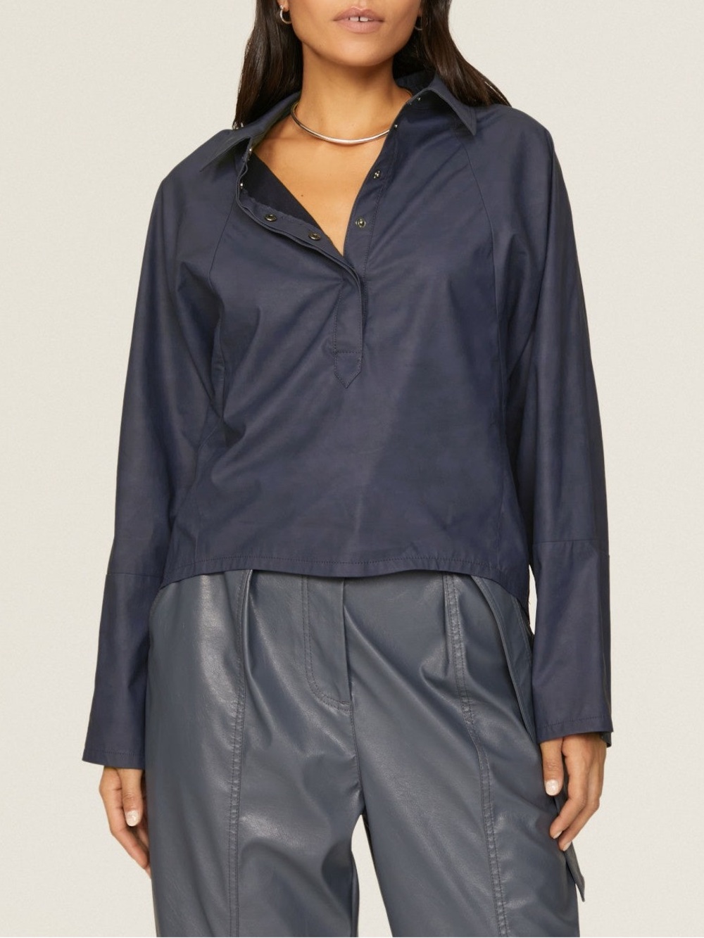 Marissa Webb Faux Leather Popover Tunic Top Long Sleeve Dolman Slate Sz S